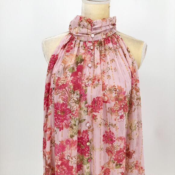 Taylor Womens A Line Dress 14 Pink Floral Button Front Mock Neck Chiffon NWT - Picture 5 of 13